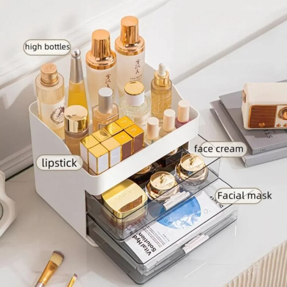 New Pink Makeup & Skincare Organizer, 2-Drawer Vanity Box with Display Case